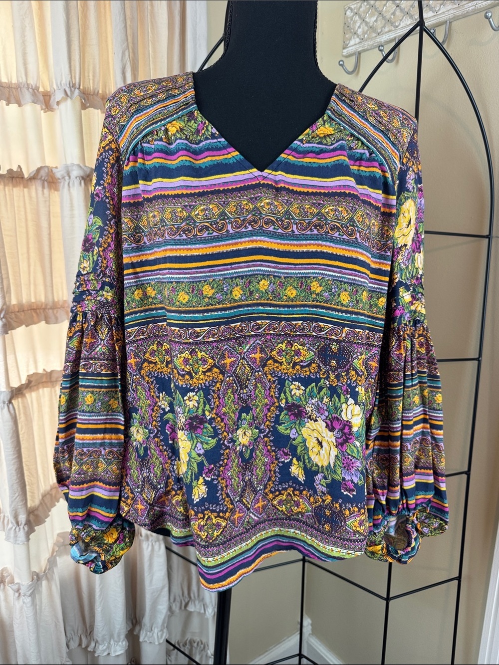 Anthropologie Maeve Ceresco Peasant Top Bohemian Floral Stripe V-Neck Blouse NWT